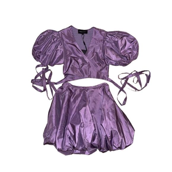 Cynthia Rowley Luna Taffeta Smocked Wrap Tie Top & Bubble Skirt in Purple - Picture 8 of 9